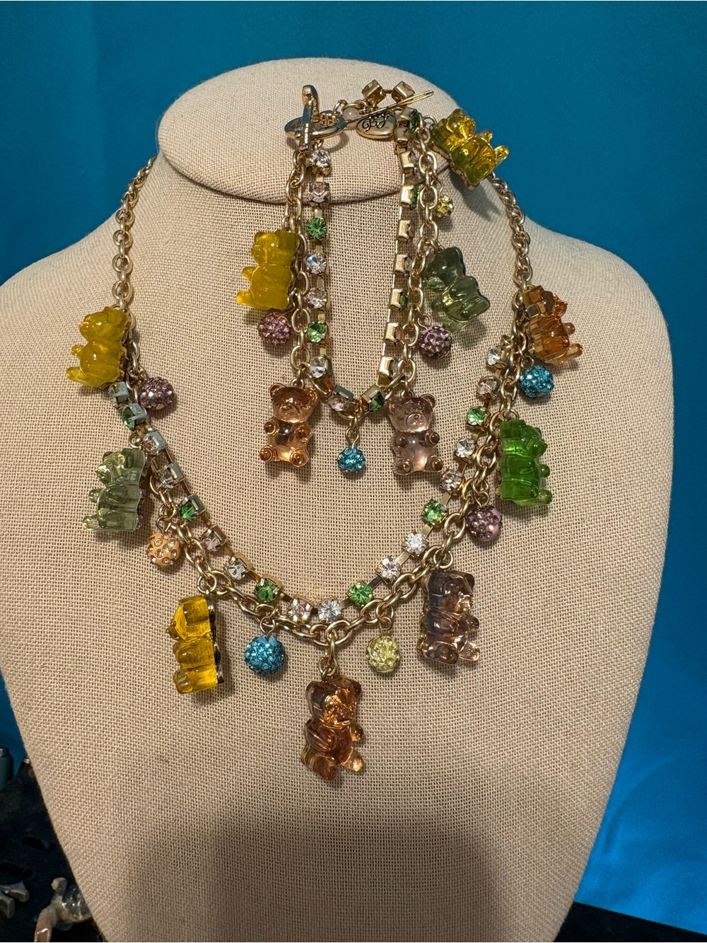 Betsey Johnson necklace bracelet gold tone gummy bears 7” & 17-20” rhinestones